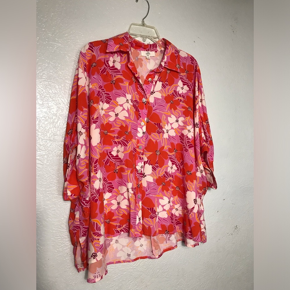 Entro Rayon Pink and Orange Patterned Shirt Tunic S/M fits L